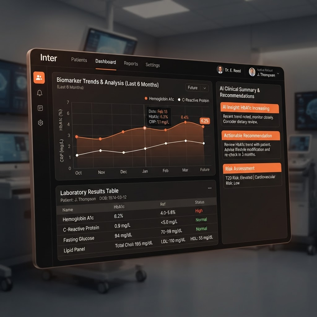 ISSCA AI clinical dashboard showing biomarker trend analysis and AI-generated clinical summaries